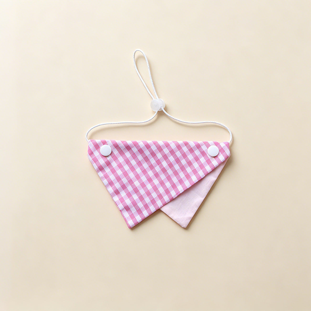 Pink Gingham Pet Neckwear with pink and white checks, pale pink underpanel and white cord.