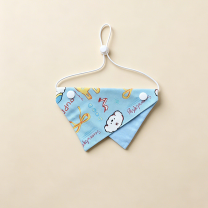 Puppies Pet Neckwear with blue cartoon print, yellow bows and a white cord.