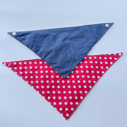Blue and Red pet neckwear spread flat with reverse sides and corner snaps visible.
