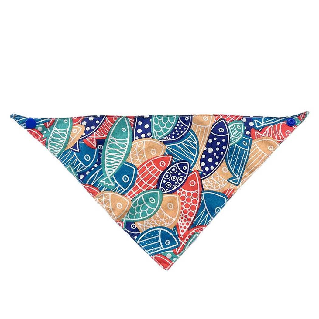 Multicolor Bandana pet neckwear spread flat with fish motifs and blue corner snaps
