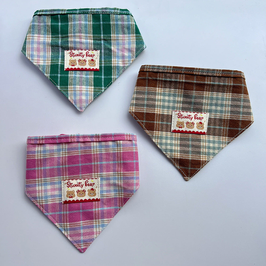 Green, Brown, and Pink plaid Pet Neckwear with triangular fronts and bear patches.