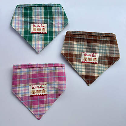 Green, Brown, and Pink plaid Pet Neckwear with triangular fronts and bear patches.