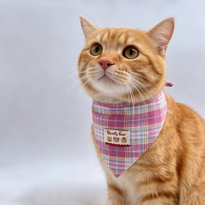 Orange cat wearing Pink plaid Pet Neckwear with a triangular front and bear patch.