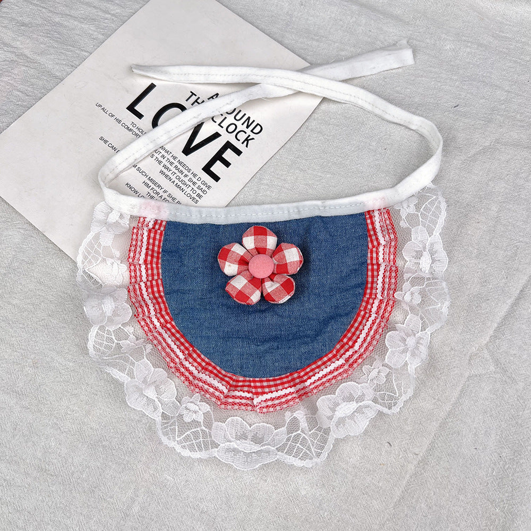 Flower Bib pet neckwear with a blue panel, red checked flower and trim, white lace-look edging and ties.