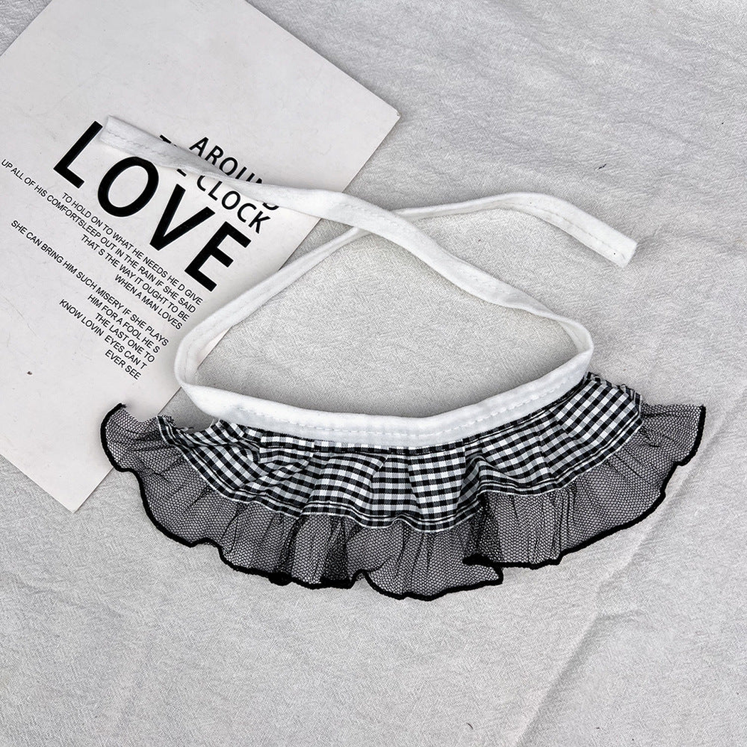 Layered Ruffle pet neckwear with black-and-white gingham, sheer black edging and white ties.