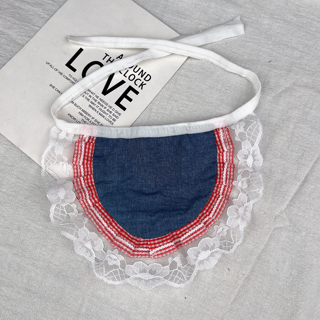 Reverse of Flower Bib pet neckwear with a plain blue panel, red-and-white checked border and white lace-look edging.