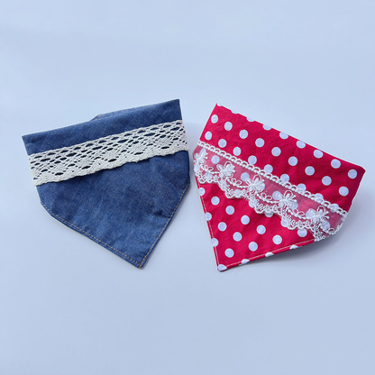 Blue and Red Pet Neckwear arranged side by side with contrasting white lace trims.