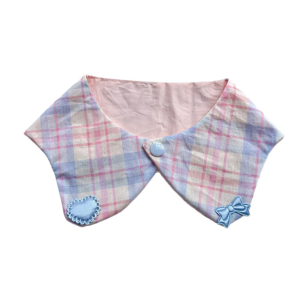 Blue Bow Pet Neckwear with pastel plaid, a blue heart accent and matching bow on white.