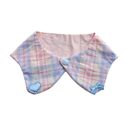 Blue Bow Pet Neckwear with pastel plaid, a blue heart accent and matching bow on white.