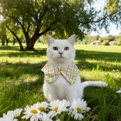 White cat wearing Yellow Bow plaid Pet Neckwear on grass behind white flowers.