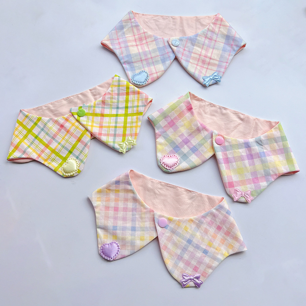 Four plaid Pet Neckwear styles with blue, yellow, pink and purple heart and bow accents.