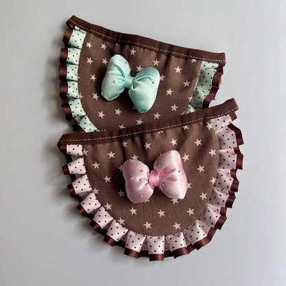 Overlapping Pink and Mint pet neckwear panels showing bows and layered polka-dot ruffles