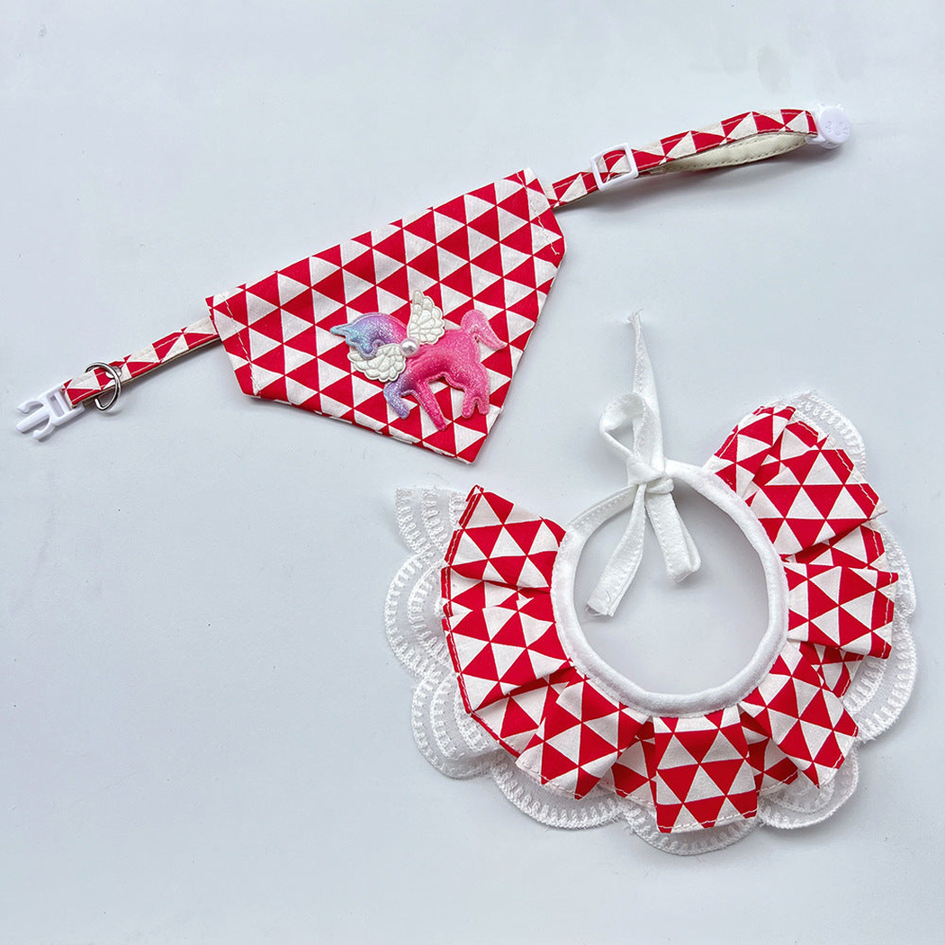 Red-and-white pet neckwear in Bandana and Ruffle styles, with the bandana strap extended.