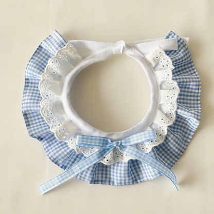 Light Blue gingham Pet Neckwear with layered white lace-look ruffles, matching bow, and white ties.