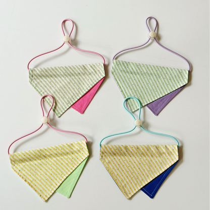 Striped triangular Pet Neckwear in four color combinations with contrasting lower panels and colored neck loops.
