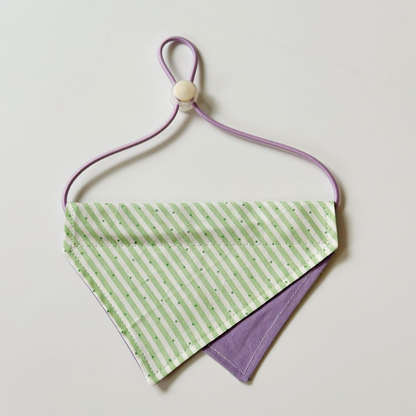 Green / Purple Pet Neckwear with diagonal stripes, overlapping triangular panels and a purple neck loop.