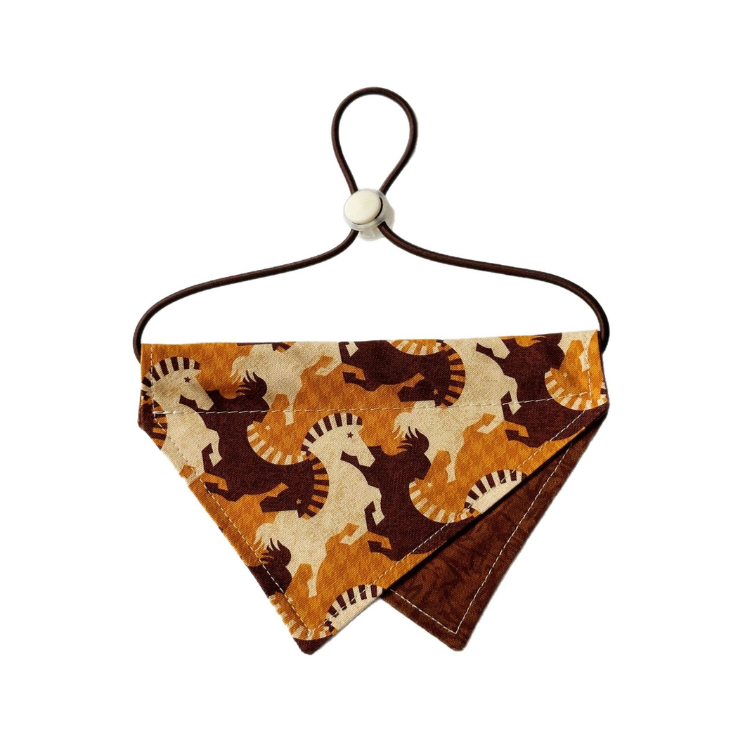 Mustard Yellow Pet Neckwear with brown and cream horse silhouettes, a contrasting brown reverse panel, and a cord loop