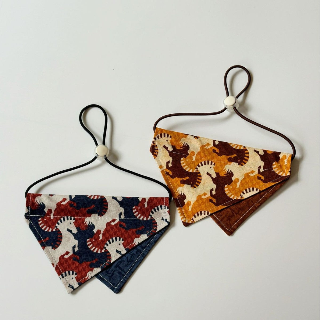 Navy and Mustard Yellow horse-pattern Pet Neckwear displayed side by side with contrasting reverse panels and cord loops