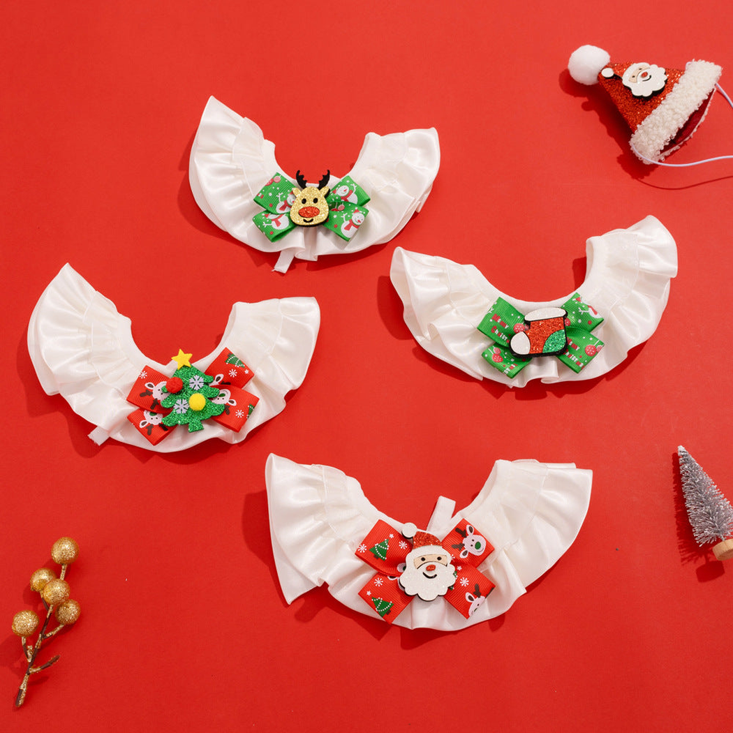 Four styles of white ruffled pet neckwear with colorful bows, displayed folded on a red background.