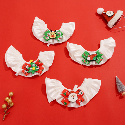 Four styles of white ruffled pet neckwear with colorful bows, displayed folded on a red background.