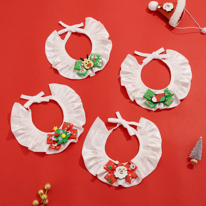 Santa, Christmas Tree, Reindeer, and Stocking pet neckwear with white ruffles and tied neck openings.