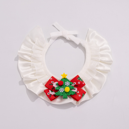 Christmas Tree pet neckwear with white ruffles, a red bow, and a green tree accent with colorful pom-poms.