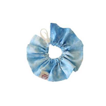 Sky Blue pet neckwear with white clouded pattern, circular ruffles, and a loop with a round slider on white.