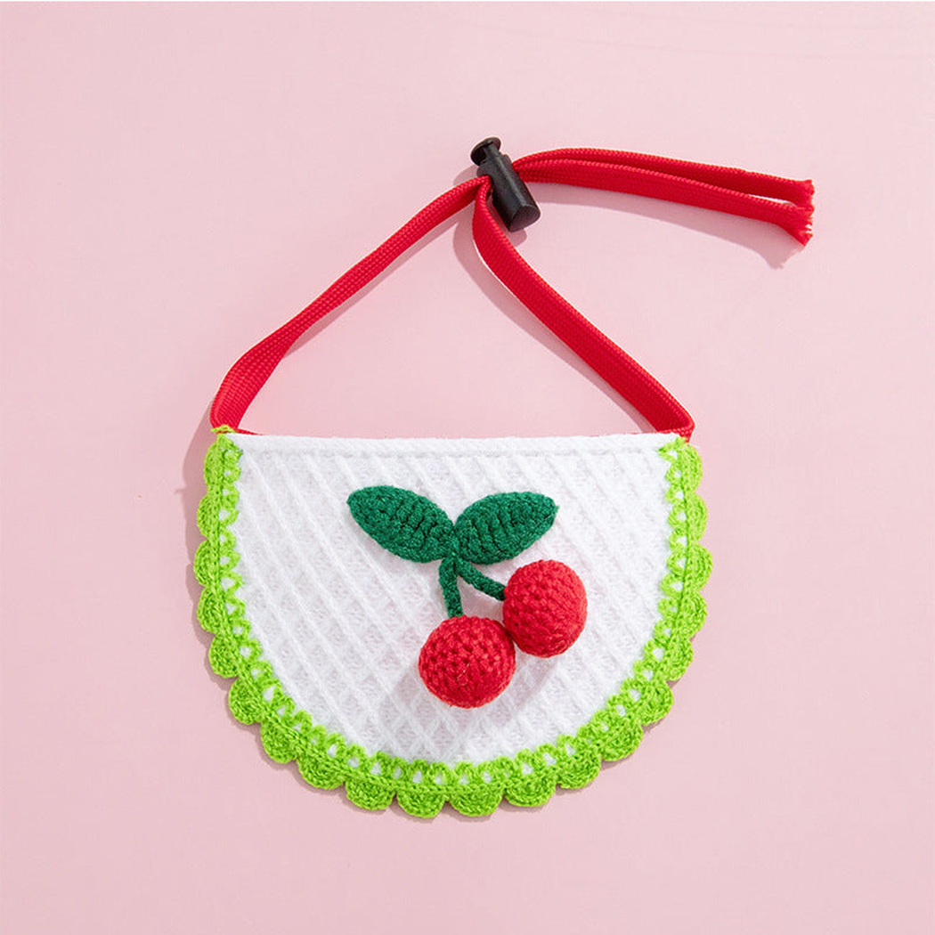 Green Cherry Pet Neckwear with raised red cherries, green scalloped trim, and a red neck strap.