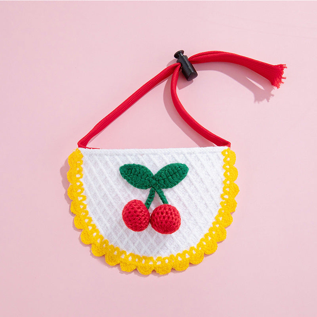 Yellow Cherry Pet Neckwear with raised red cherries, yellow scalloped trim, and a red neck strap.
