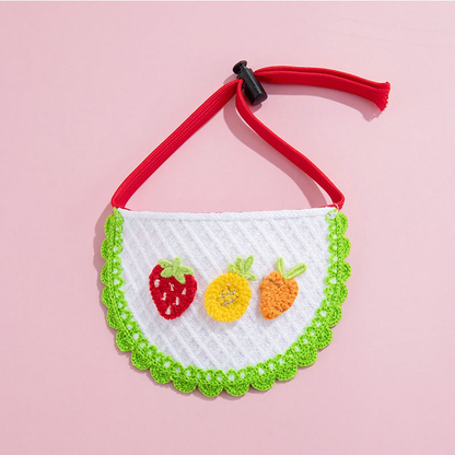 Green Fruit Pet Neckwear with three colorful fruit motifs, green scalloped trim, and a red neck strap.