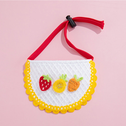 Yellow Fruit Pet Neckwear with three colorful fruit motifs, yellow scalloped trim, and a red neck strap.