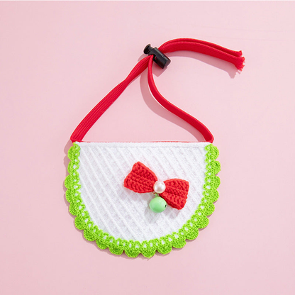 Green Bow Pet Neckwear with a red bow, green bell, scalloped green trim, and red neck strap.