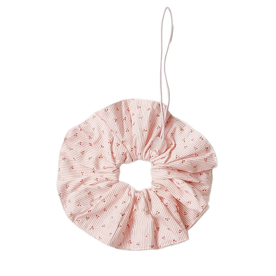Light Pink ruffled Pet Neckwear with fine stripes, tiny cherry motifs, and a long cord loop with a round slider.