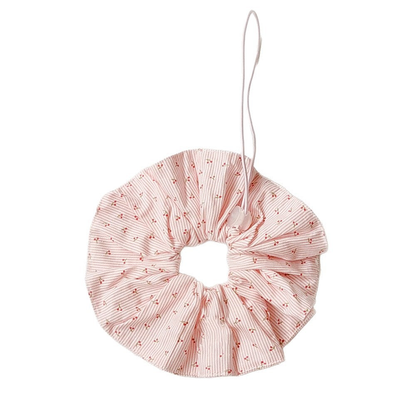 Light Pink ruffled Pet Neckwear with fine stripes, tiny cherry motifs, and a long cord loop with a round slider.
