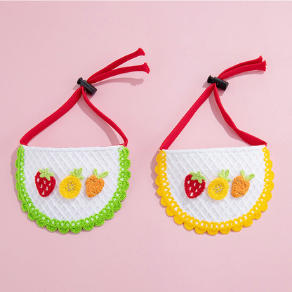 Green Edge and Yellow Edge pet neckwear with fruit motifs and red straps displayed side by side.