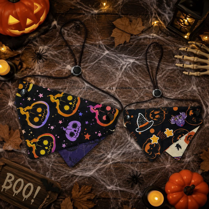 Skulls and Witch Hats pet neckwear displayed together among pumpkins and cobweb decorations.