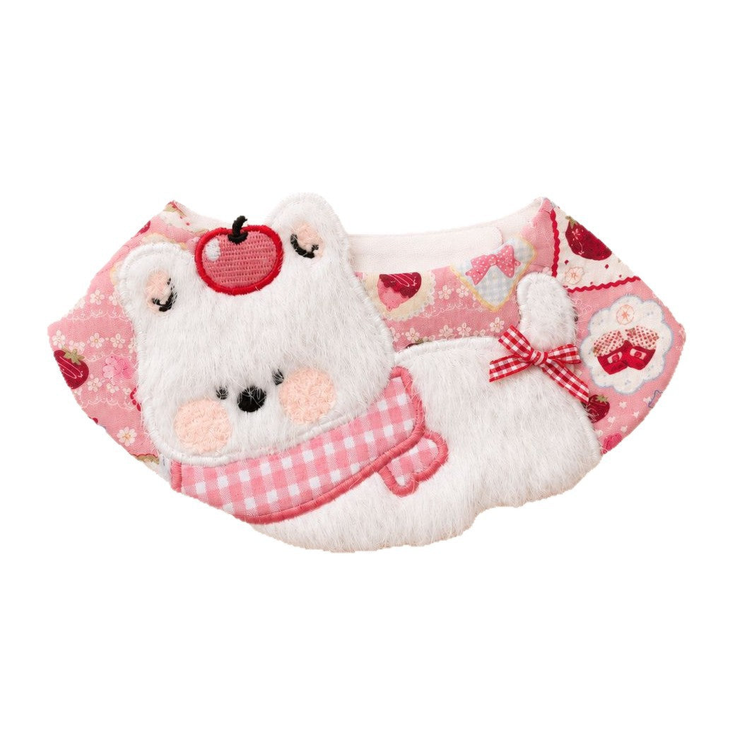 Strawberry Puppy Pet Neckwear with a fuzzy white puppy appliqué, pink strawberry print, and gingham bow on white.