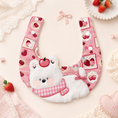 Strawberry Puppy Pet Neckwear laid open with extended straps and three snap fasteners on each side.