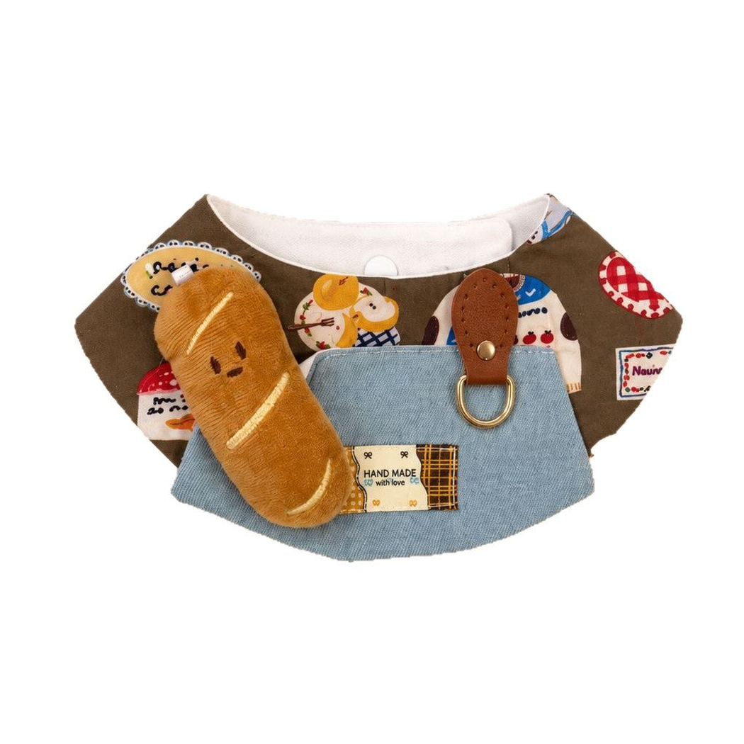 Multicolor bib-style pet neckwear with a light blue front panel and plush bread-shaped accent on a white background.