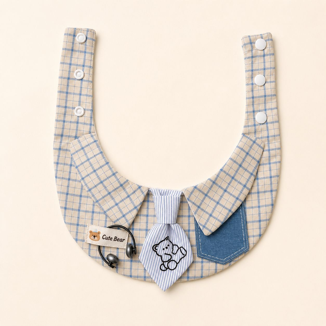 Blue and cream checked pet neckwear laid flat with snap straps, striped bear tie, and blue pocket.