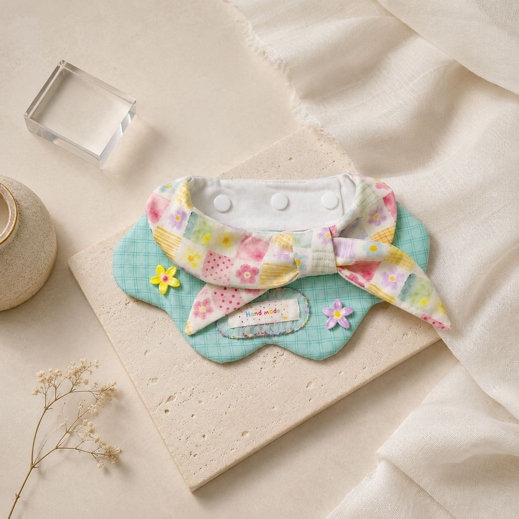Pet neckwear with a pastel floral bow, flower accents and visible white lining and snap fasteners.