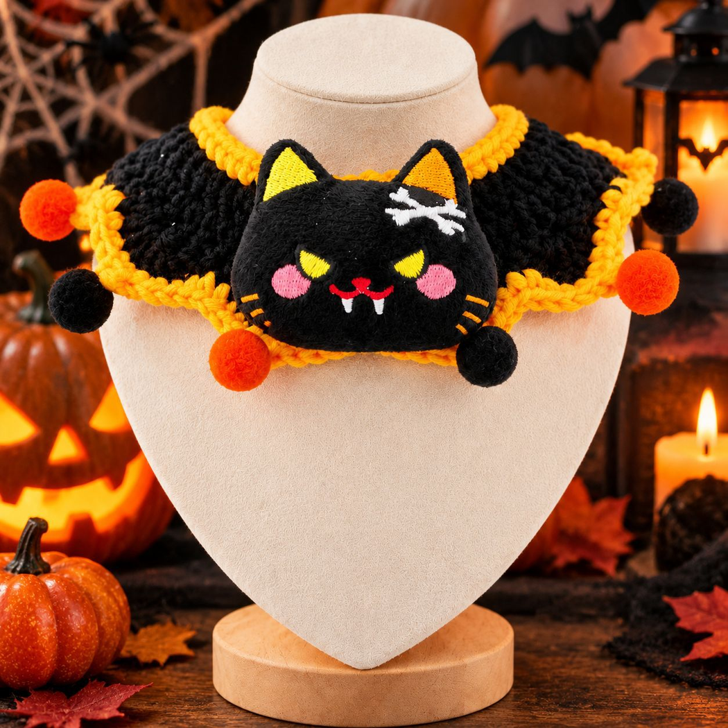 Black and orange cat-face pet neckwear against a Halloween backdrop