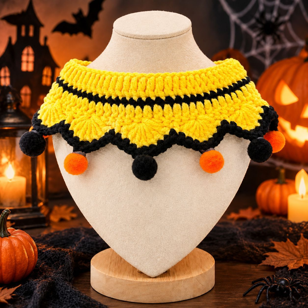 Classic yellow and black scalloped pet neckwear displayed on a mannequin