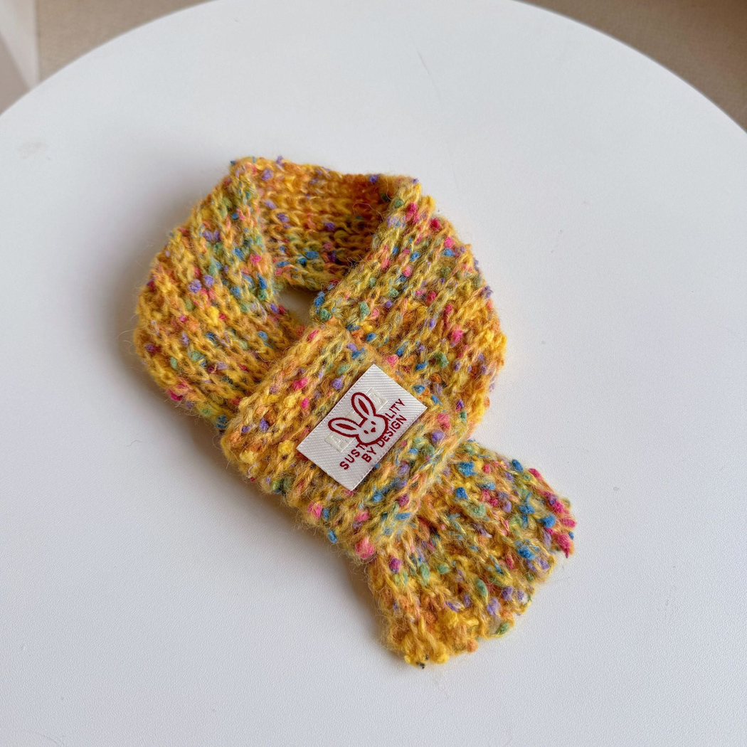 Mustard Yellow Bunny pet neckwear with multicolored flecks and a tapered hanging end
