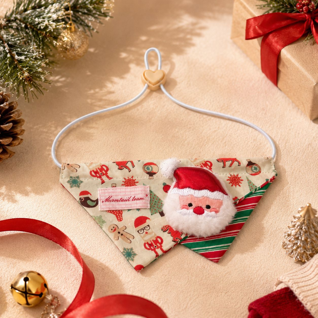Santa pet bandana with a heart-shaped cord piece and plush Santa decoration