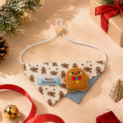 Gingerbread pet bandana with a gingerbread character decoration