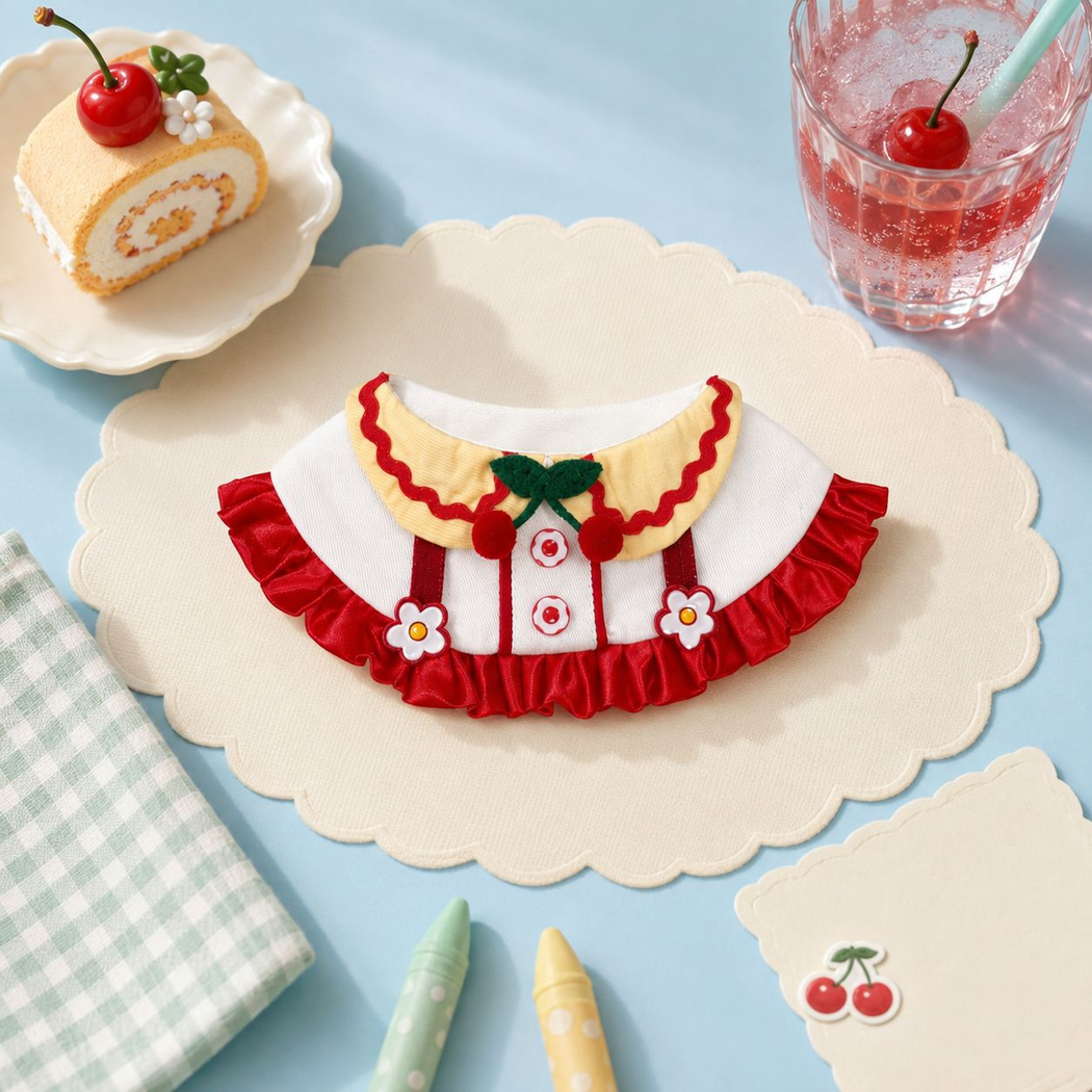 Cherry-themed decorative pet neckwear arranged on a scalloped placemat with cherry-themed props