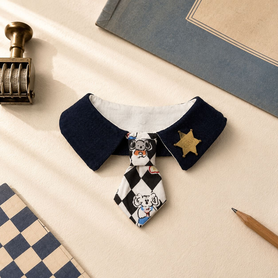 Pet neckwear arranged on a textured tabletop beside a pencil and notebook
