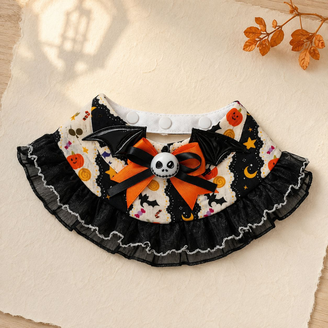 Bat Bow pet neckwear with ruffled edge, bat accents, and skull bow