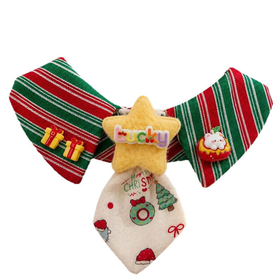Multicolor decorative pet neckwear with a large bow, star panel, and pointed bib, front view